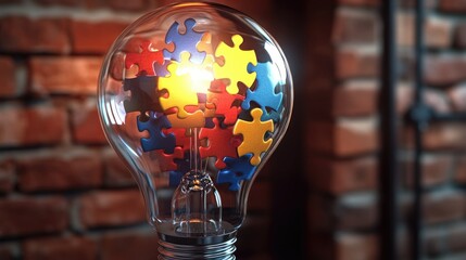 Poster - Colorful Puzzle Pieces Inside a Light Bulb Symbolizing Creativity and Problem Solving Against a Rustic Brick Wall Background