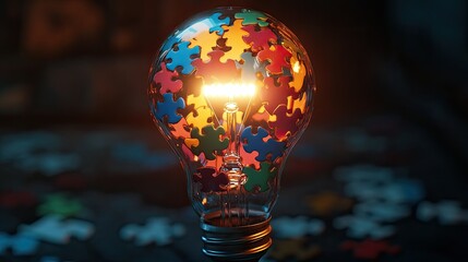 Poster - Illuminating Ideas: A Creative Concept of a Light Bulb Filled with Colorful Puzzle Pieces Symbolizing Problem Solving and Innovative Thinking for Stock Photography