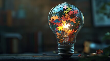 Poster - Colorful Puzzle Pieces Inside a Light Bulb Illustrating Creativity and Problem Solving in a Unique Artistic Concept for Innovative Ideas