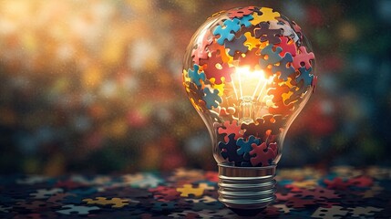 Poster - Colorful Puzzle Pieces Inside a Light Bulb Representing Creativity and Problem Solving in a Bright and Innovative Conceptual Design