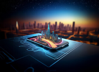 Leinwandbilder - a futuristic cityscape miniature sits atop a smartphone, symbolizing digital urban planning and smar