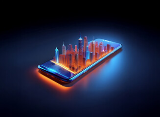 Aufkleber - a vibrant, futuristic cityscape miniature sits on a sleek smartphone, illuminated by neon blue and o