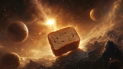 Poster - Surreal Cosmic Bread Loaf Floating Among Celestial Bodies, Stars, and Planets in a Mystical Space Setting with Vibrant Colors and Imaginative Depth