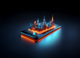 Poster - A futuristic cityscape, rendered in vibrant neon hues, sits atop a sleek smartphone, glowing with an orange and blue light.  This digital metropolis represents the convergence of technology and urban 