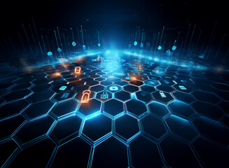 Aufkleber - Abstract digital landscape with glowing hexagonal grid, representing cybersecurity and data protection.  Blue and orange hues illuminate the scene, creating a sense of depth and technological advancem
