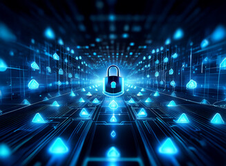Aufkleber - A glowing blue digital tunnel, filled with data points and security symbols, centers on a prominent padlock.  This symbolizes the protection of digital information and secure data networks.