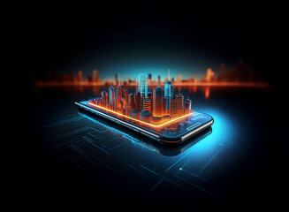 Poster - A futuristic cityscape, rendered in vibrant orange and blue hues, hovers above a sleek smartphone, set against a dark, reflective backdrop.  The scene suggests technological advancement and urban deve