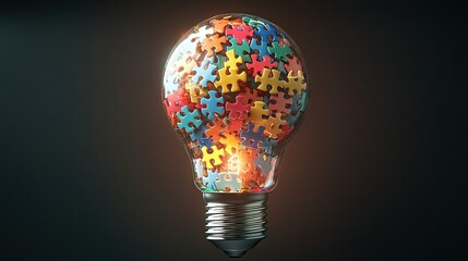 Poster - Colorful puzzle pieces inside a glowing light bulb symbolizing creativity, problem-solving, and innovation in education and business settings, bright illumination against dark background.