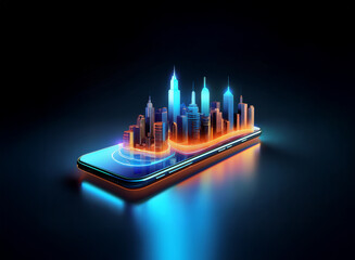 Poster - A futuristic cityscape, rendered in vibrant neon blue and orange hues, sits atop a sleek smartphone.  The scene evokes a sense of technological advancement and connectivity.