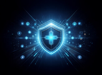 Aufkleber - A glowing blue digital shield with a cross at its center, surrounded by radiating light streaks and data points.  This symbolizes digital protection and security.