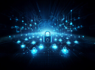 Poster - A glowing padlock sits at the center of a network, symbolizing global cybersecurity and data protection.  Surrounding it are smaller glowing padlocks, representing interconnected systems under its pro