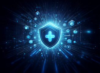Aufkleber - A glowing blue shield with a plus sign at its center, surrounded by digital data streams and icons, symbolizes digital health security and protection.