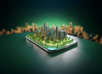 Aufkleber - A futuristic cityscape, complete with lush green spaces, sits atop a smartphone, symbolizing the convergence of technology and urban planning for a sustainable future.