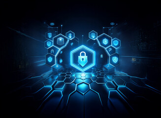Poster - Glowing blue hexagons form a futuristic security system, showcasing digital shields and a central padlock icon.  The design emphasizes cyber protection and data safety.