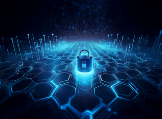 Aufkleber - A glowing blue padlock sits at the center of a hexagonal digital landscape, symbolizing cybersecurity and data protection.  The image evokes a sense of security and technological advancement.