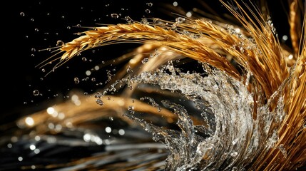 Poster - Captivating Splash of Water with Golden Wheat Accents Creating an Artistic Contrast of Nature Elements Against a Dark Background
