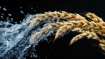 Poster - Golden wheat ears splashing in water, creating an artistic and vibrant contrast, showcasing nature's beauty and the importance of agriculture in modern food production.