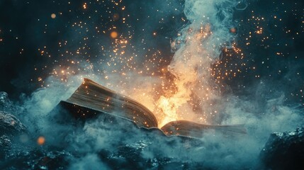Poster - Intense Flames Erupt from an Open Book Surrounded by Sparkling Smoke, Capturing the Essence of Mystery and Imagination in a Magical Atmosphere
