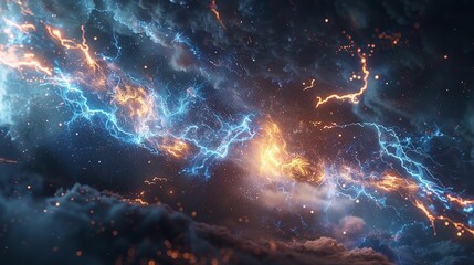 Wall Mural - This photo depicts a striking lightning abstract image of a black background illuminated by multiple lightning strikes
