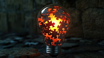 Poster - Creative Concept of a Light Bulb Filled with Puzzle Pieces Representing Ideas, Innovation, and Problem Solving in a Dark and Mysterious Setting