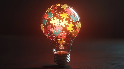 Poster - Creative Light Bulb Design Filled with Colorful Puzzle Pieces Symbolizing Innovation, Ideas, Problem Solving, and Creative Thinking in a Modern Environment