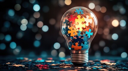 Poster - Colorful Puzzle Pieces Inside a Glowing Light Bulb Against a Blurred Bokeh Background, Symbolizing Ideas and Creative Solutions in a Conceptual Art Style