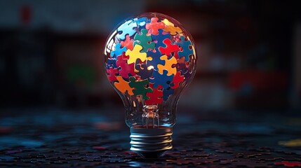 Poster - Colorful Puzzle Pieces Forming a Light Bulb Symbolizing Creativity, Innovation, and Problem-Solving in a Unique and Artistic Concept