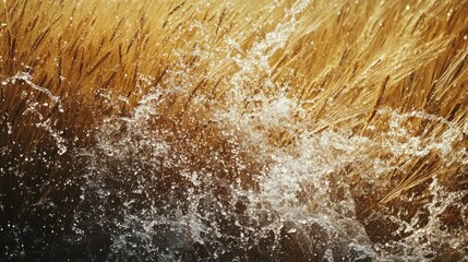 Poster - Vivid Splash of Water Against Golden Grasses Under Bright Sunlight, Capturing the Dynamic Energy of Nature's Pure Beauty and Tranquil Moments in a Vibrant Landscape