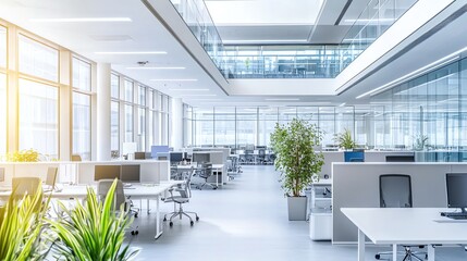 Wall Mural - A modern office interior with large windows and a view of the city.