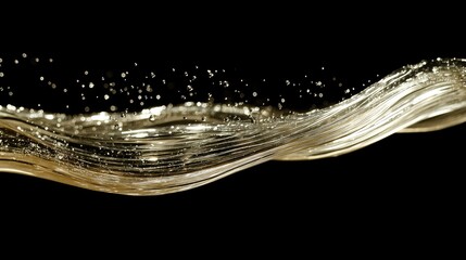 Poster - Golden Liquid Flowing in a Smooth Wave, Sparkling Droplets Caught in Motion Against a Dark Background, Capturing the Essence of Fluidity and Elegance