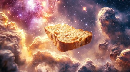 Poster - A Slice of Bread Floating in a Cosmic Galaxy Surrounded by Colorful Nebulae and Stars, Illustrating the Wonders of Imagination and Creativity in a Surreal World