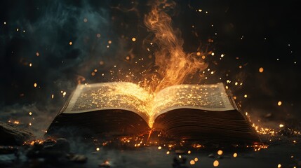 Poster - Enchanted Open Book with Flames and Sparkles Creating a Magical Atmosphere in a Dark Enchanted Setting