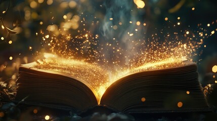 Poster - Enchanted Book with Glowing Sparks Emerging from Open Pages in a Mystical Forest Setting, Capturing the Essence of Magic and Imagination in a Fantasy Scene