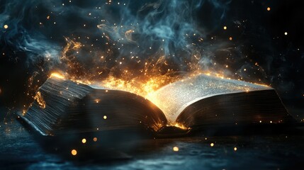 Poster - Enchanted Book of Flames and Sparks with Smoke Swirling Around in a Dark Mysterious Background Creating a Magical Atmosphere for Imagination and Wonder
