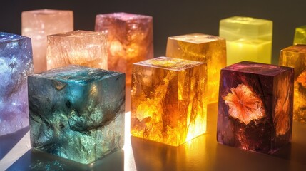 Poster - Vibrant Multicolored Crystal Blocks Displayed Under Soft Lighting, Showcasing Intricate Patterns and Textures in a Creative Artistic Arrangement