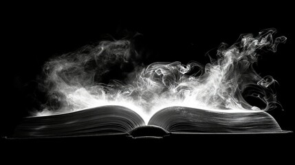 Poster - Enigmatic Open Book with Ethereal Smoke Rising from Pages in Black and White Against Dark Background, Symbolizing Knowledge, Imagination, and Mystique