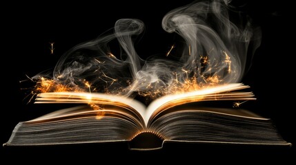 Poster - Enchanted Open Book with Glowing Sparks and Ethereal Smoke on Black Background Creating a Magical Atmosphere for Fantasy and Inspiration