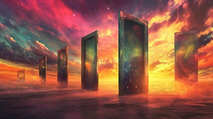 Poster - Ethereal Landscape with Mysterious Doors Under a Colorful Sky at Sunset, Inviting Exploration and Imagination in a Dreamlike Atmosphere
