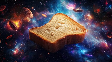Poster - A Slice of Bread Floating in Space Among Colorful Nebulas and Galaxies, Representing Unique Fusion of Food and Cosmic Elements in a Surreal Artwork
