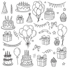 Happy birthday equipment for making birthday party in black isolated on white background. Hand drawn vector sketch illustration in doodle engraved vintage line art style. Balloons, gift box, cake