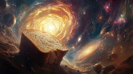 Poster - Surreal Image of a Slice of Bread Floating in a Colorful Cosmic Landscape with Spiraling Galaxies and Bright Stars in a Dreamlike Space Setting