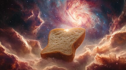Poster - A Slice of Bread Floating in a Cosmic Landscape Surrounded by Swirling Nebulae and Stars, Representing the Intersection of Everyday Life and the Universe