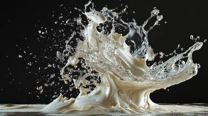 Poster - Stunning High-Speed Capture of Creamy Liquid Splash in Motion Against Dark Background, Showcasing Dynamic Fluid Dynamics and Texture Variation