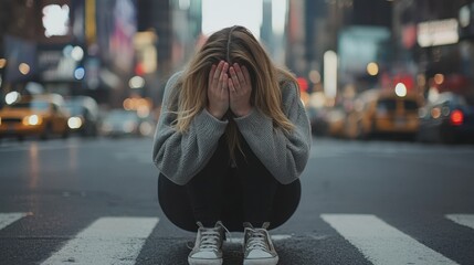 Distressed young woman crouches in the busy streets of Times Square during the evening