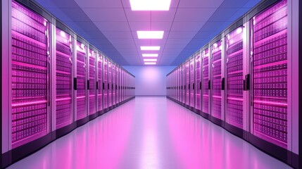 Poster - A futuristic data center with rows of servers illuminated by pink lighting, showcasing advanced technology and digital infrastructure.