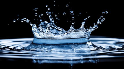 Poster - Stunning Close-Up of Water Droplet Splash Creating Ripple Effect Against a Dark Background, Capturing Elegance and Motion in Nature's Purest Form