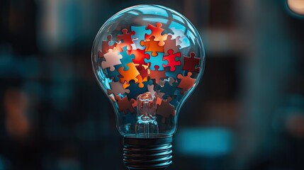 Poster - Creative Light Bulb Concept with Colorful Puzzle Pieces Representing Ideas, Innovation, Problem Solving, and Inspiration in a Visually Stunning Composition
