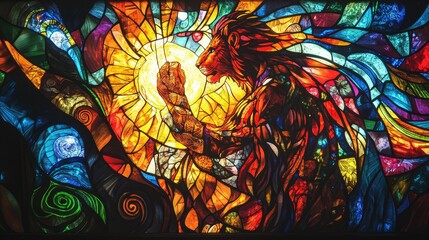 Poster - Vibrant Stained Glass Art Featuring a Majestic Lion Against a Radiant Sunlit Background with Swirling Colors and Intricate Design Elements