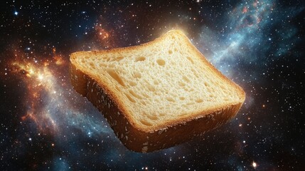 Poster - Slice of Toast Floating in Space Surrounded by Colorful Galaxies and Stars, Representing the Fusion of Everyday Life and Cosmic Beauty