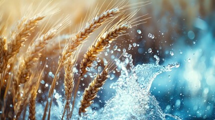 Poster - Golden Wheat Stalks Glimmering in Sunlight with Splashing Water Creating a Captivating Natural Scene in a Field of Grain